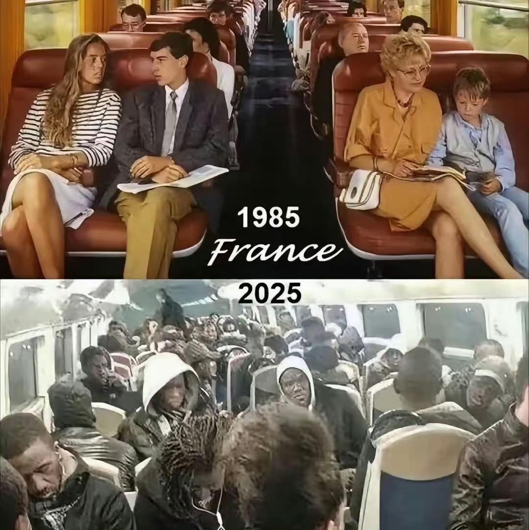 40年，欧洲是进步还是后退了？
这张图在网络刷屏，1985年法国列车，车厢整洁，