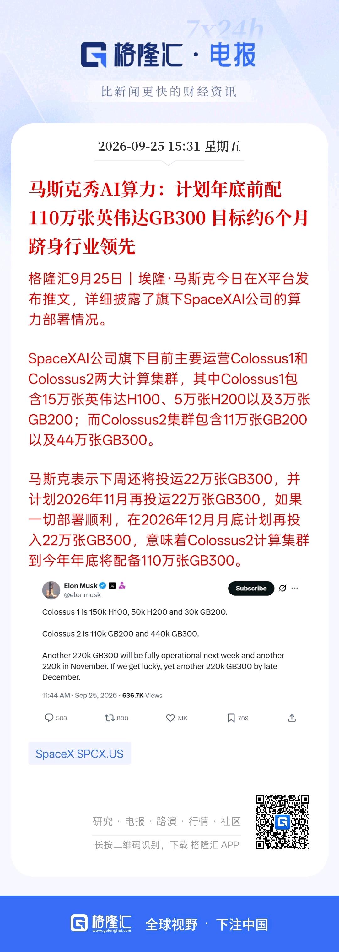 马斯克继续秀算力，预计年底要配英伟达的算力卡110万张！马斯克的设想，目前约在六