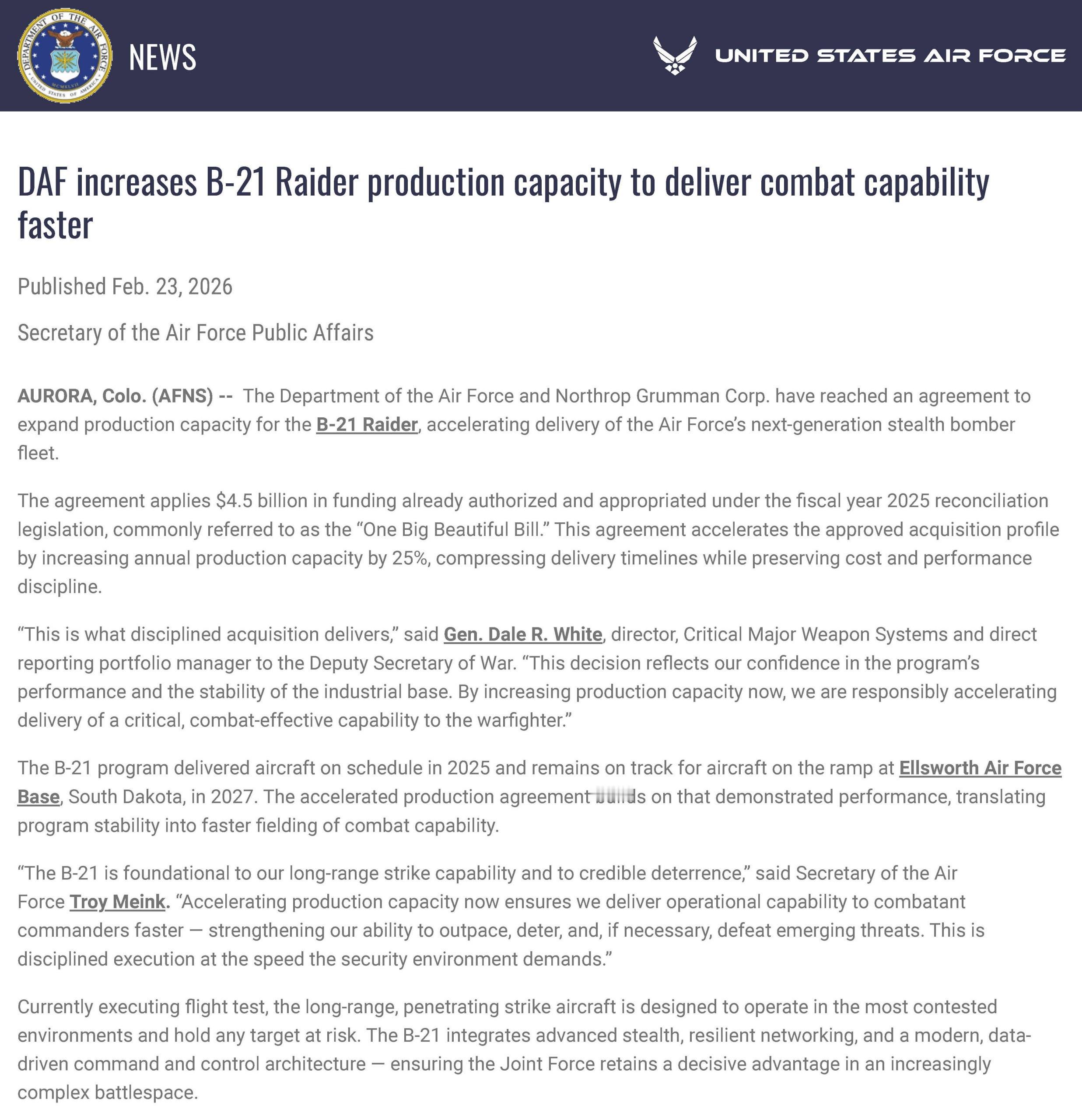 🔻诺斯罗普·格鲁曼和美国空军发通稿称：将加速 B-21 生产（+25%），首架