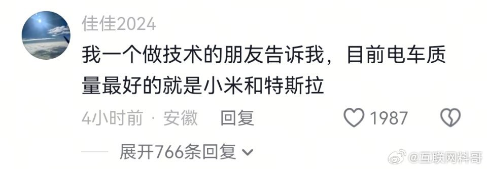 我有个做技术的朋友告诉我，电车质量最好的就是小米和特斯拉。。。 ​​​