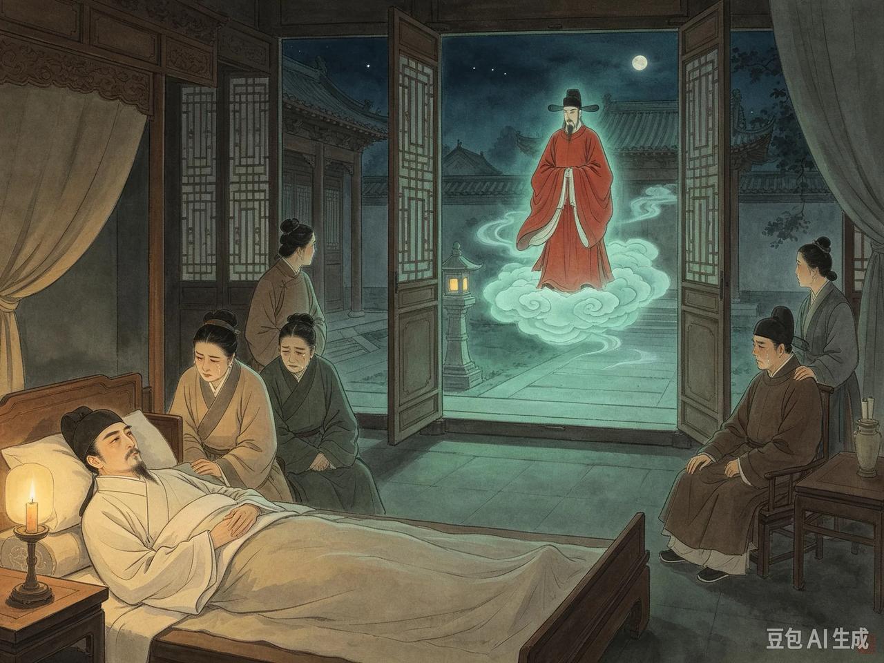 清朝侍御史沈孙涟在京城官邸卧病十多天，对身边亲近的人说：“有个穿朱红官服的人从空