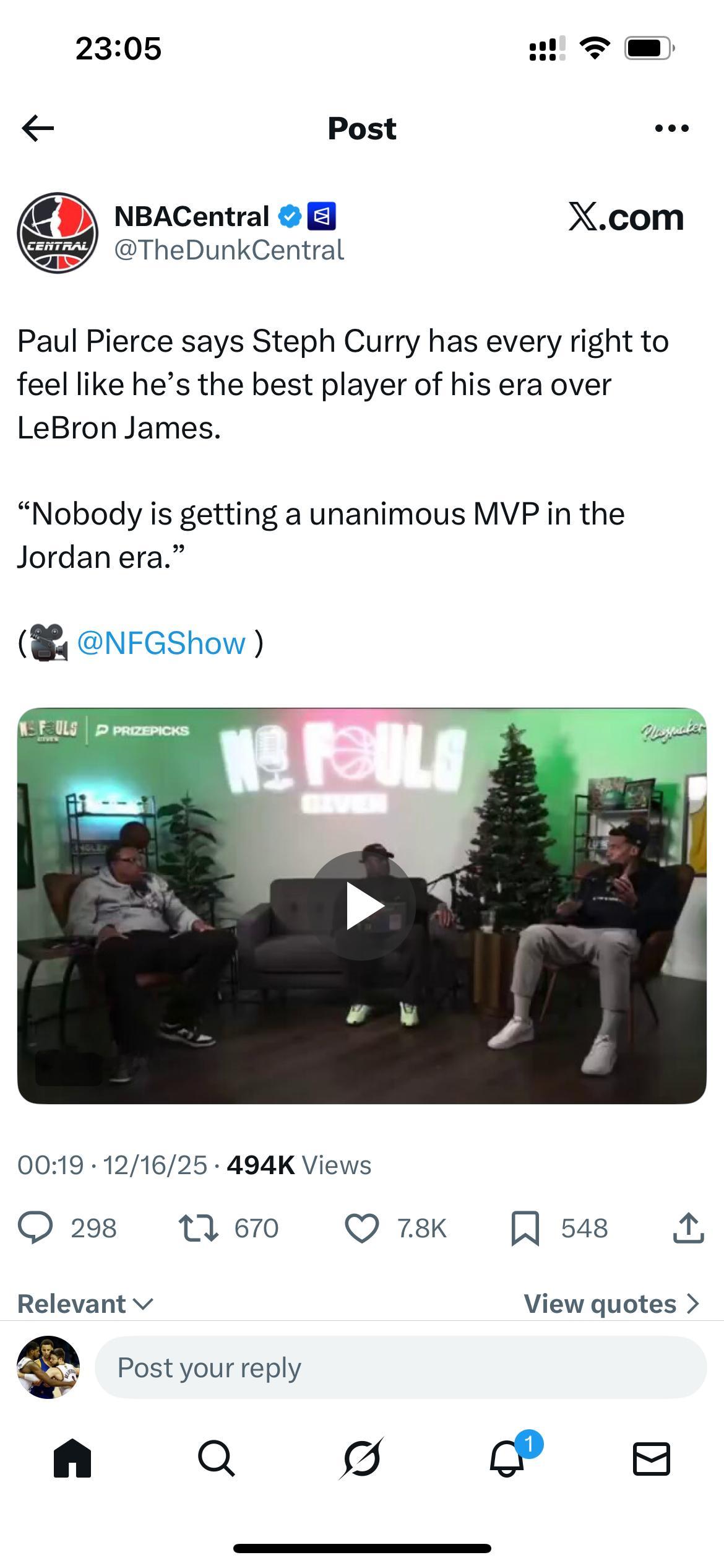 保罗·皮尔斯表示，斯蒂芬·库里完全有理由觉得自己是自己这个时代的最伟大球员，超越