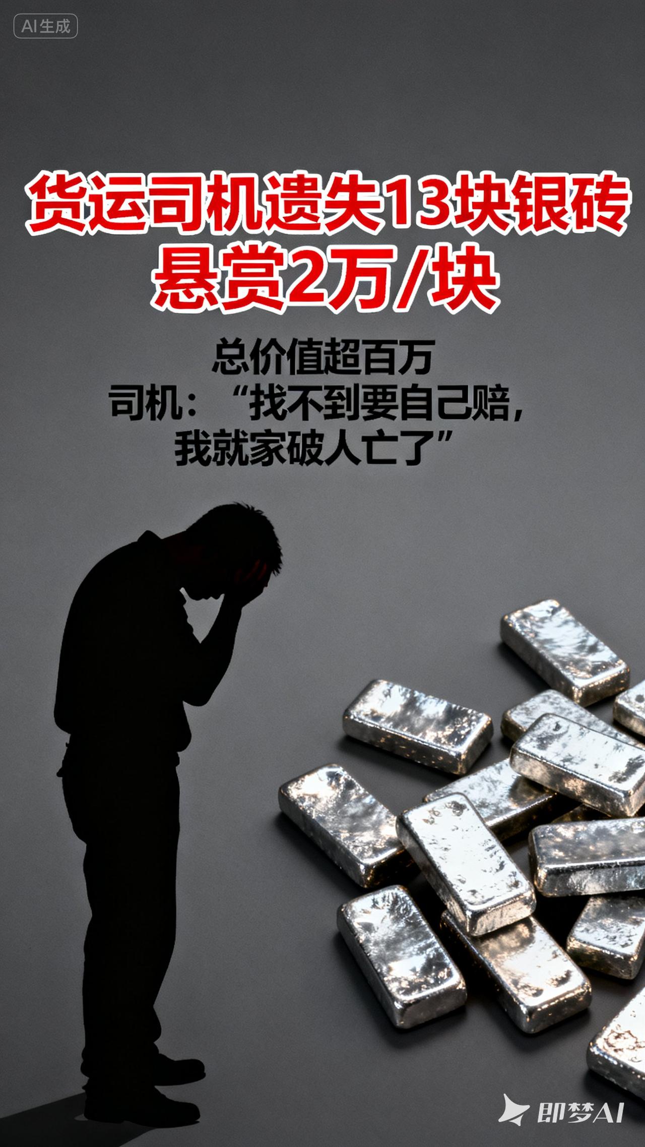 货运司机丢失13块银砖
总价值超过百万
找不到就是司机自己赔。
司机“倾家荡产也