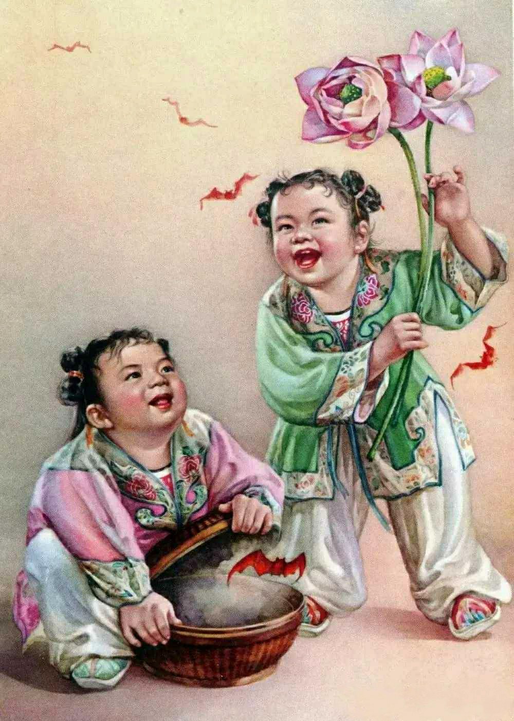 《和合》，作者：谢幕连。一群红色的蝙蝠飞了出来，站着的绿衣孩子手里举着两支荷花，