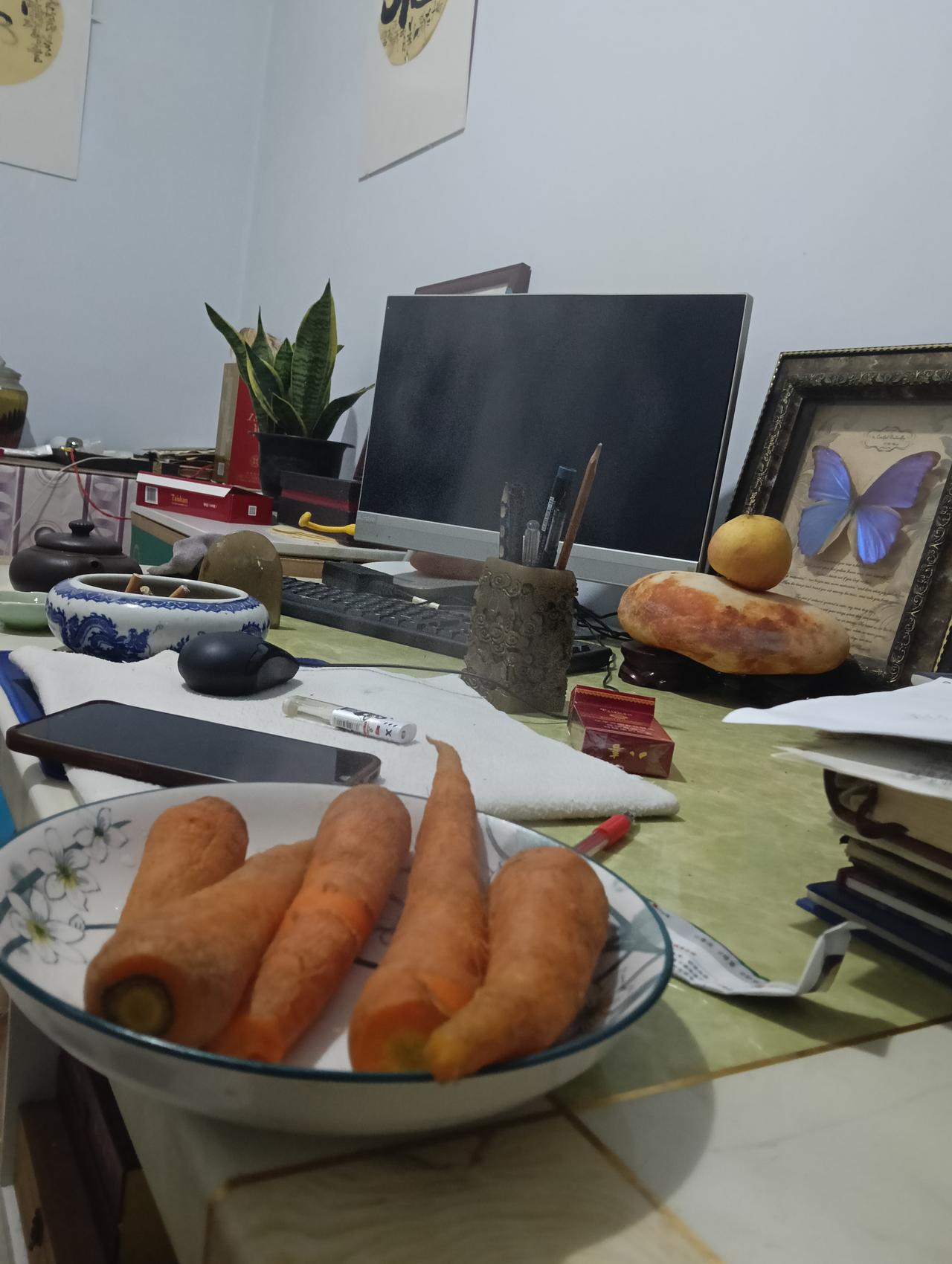 熬到凌晨一个字也写不出来，只好蒸了几个胡萝卜充饥。