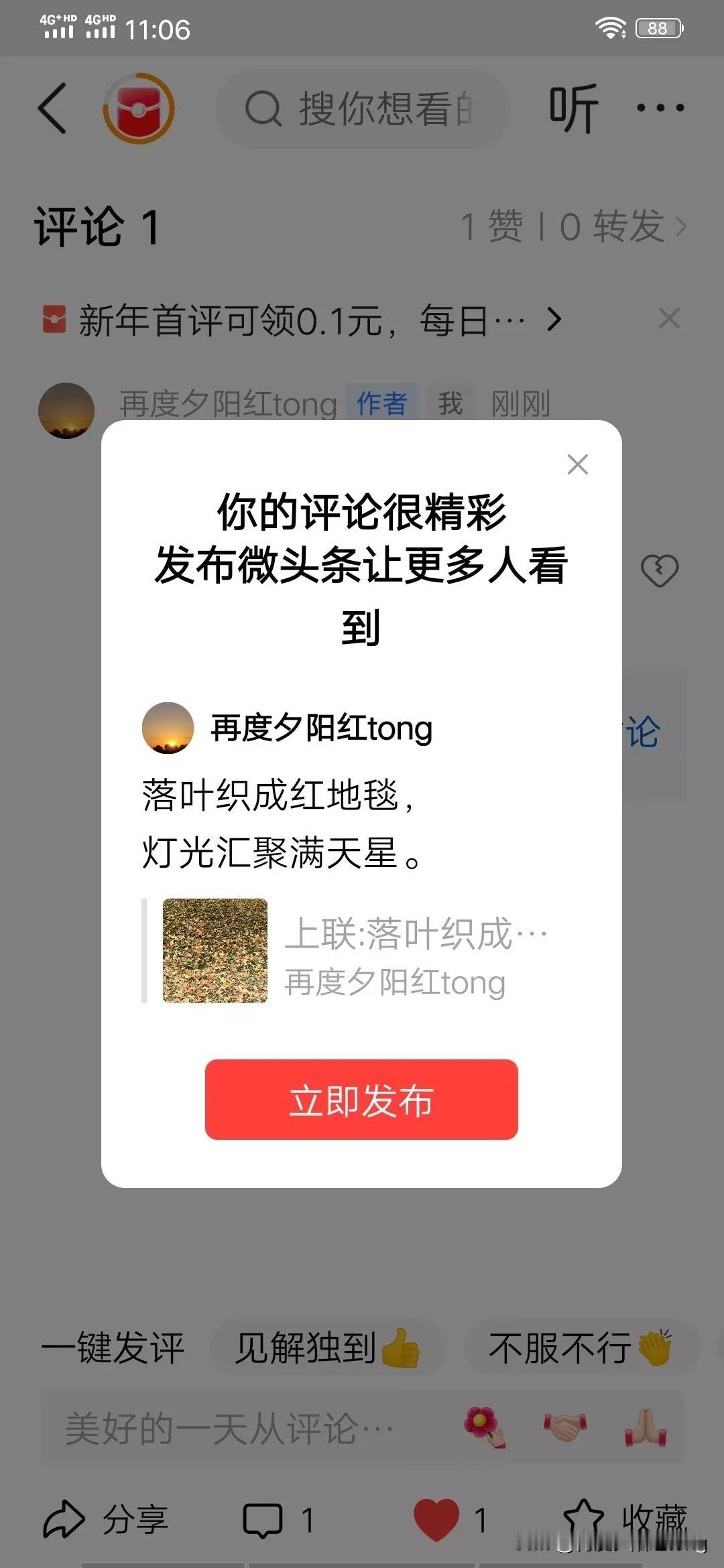 落叶织成红地毯，
灯光汇聚满天星。