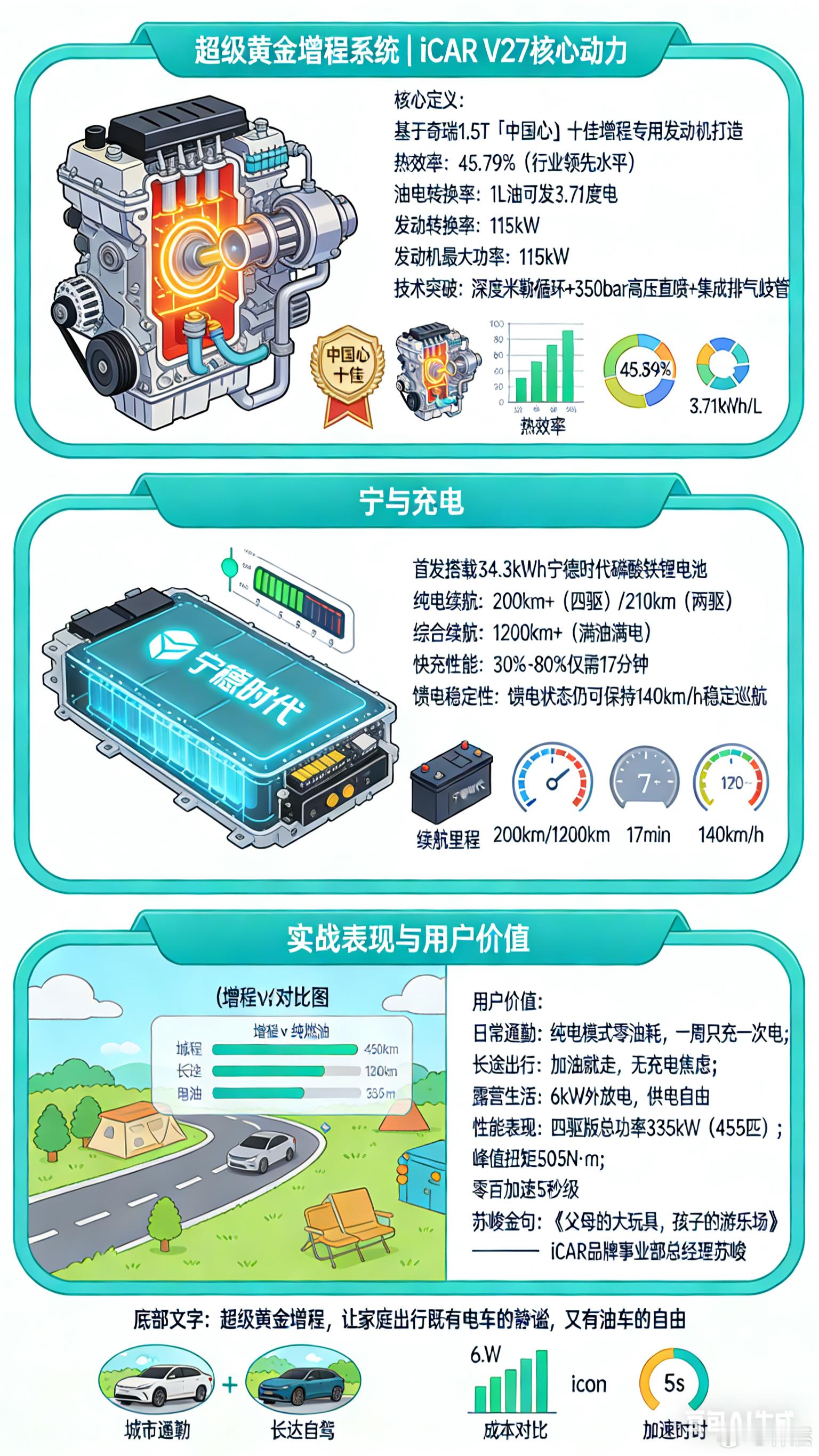 iCAR V27超级黄金增程：基于奇瑞1.5T十佳增程专用发动机打造，热效率45