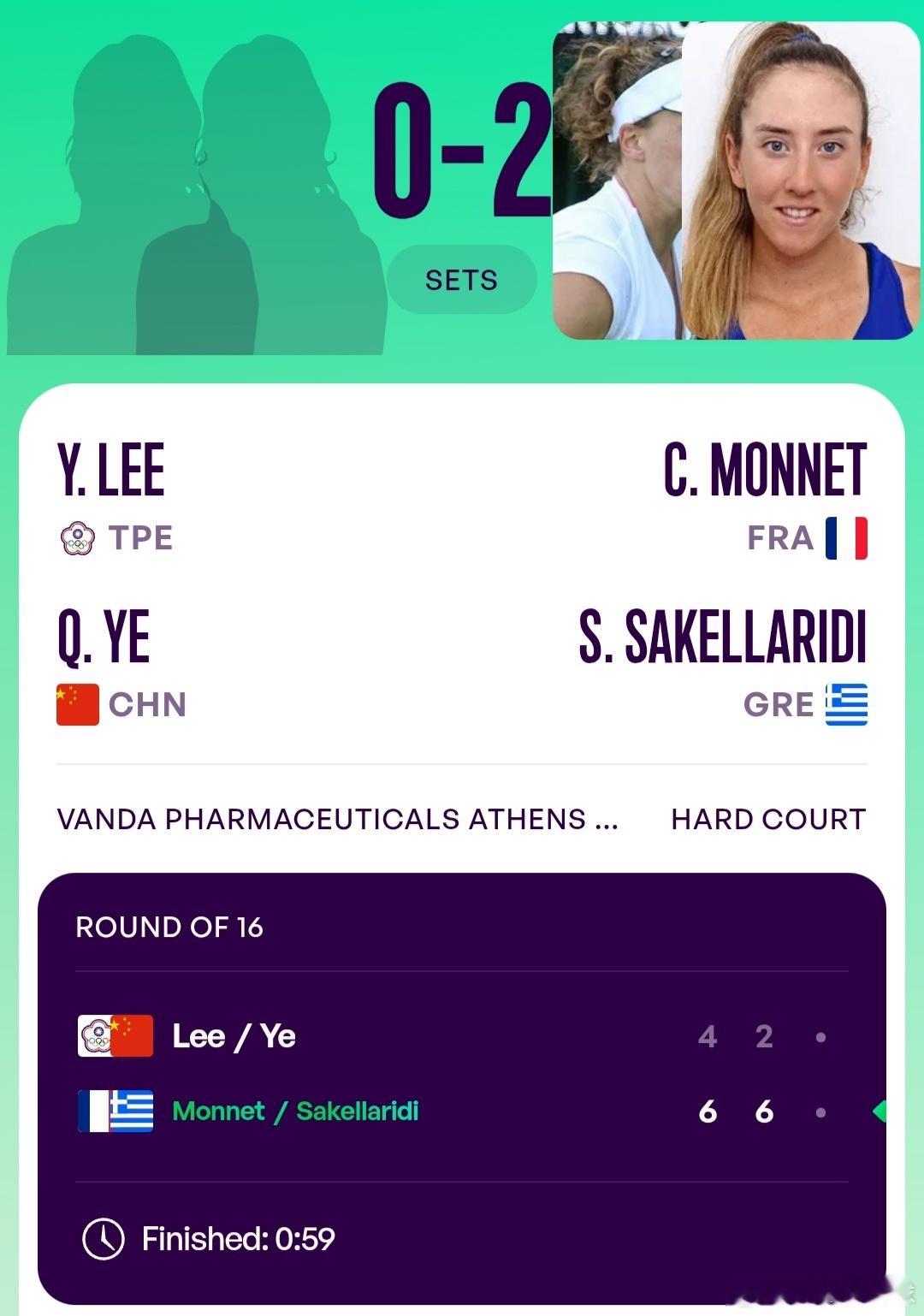 WTA250雅典站🇬🇷女双第1轮海峡组合李亚芯/叶秋语🇨🇳4-6/2-6