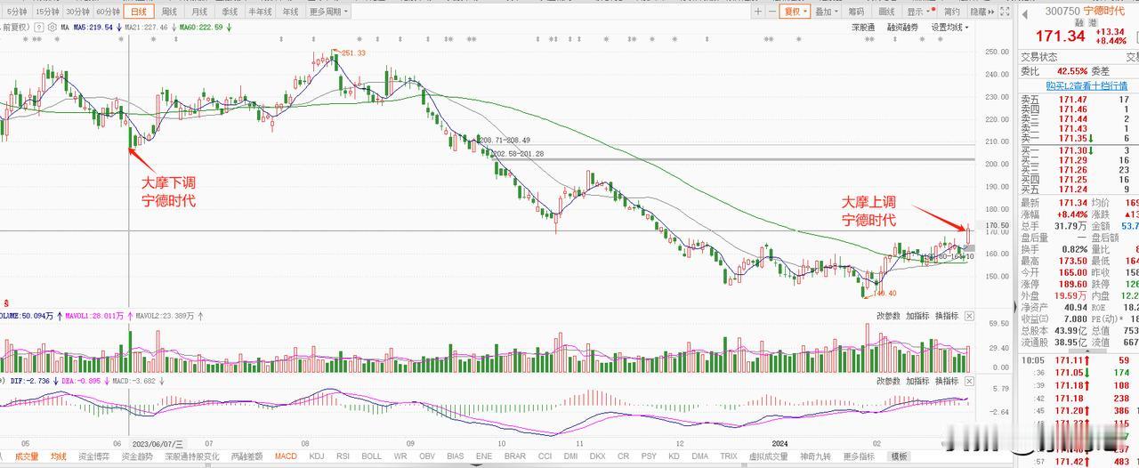 宁德大涨，带动整个新能源电池方向都在大涨，
背后原因，是大摩的评级在上调，他们给