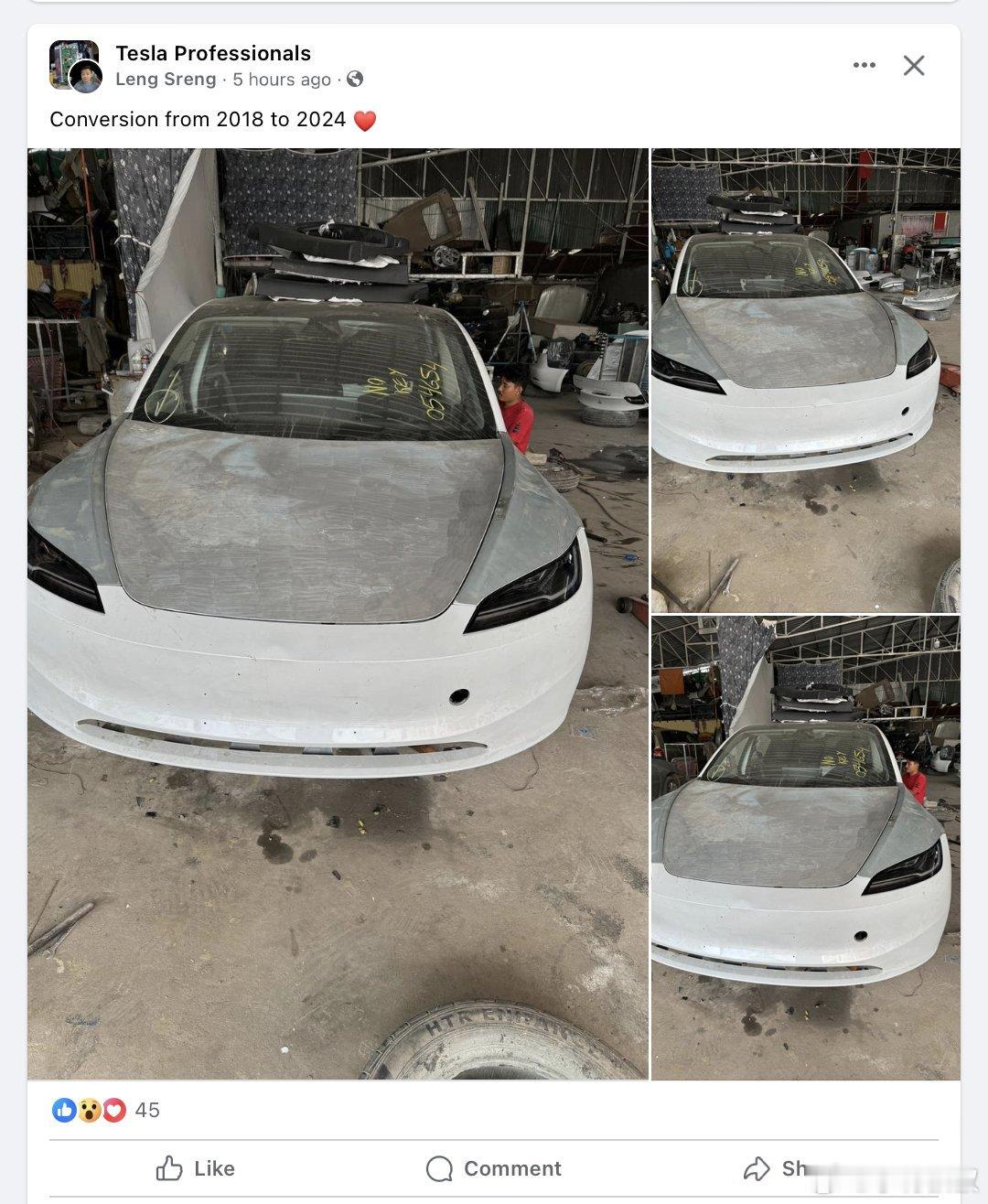 终究还是有人动手搞了！老款Model 3改焕新款前脸。 ​​​