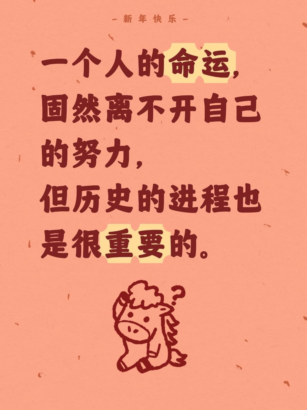 一个人的命运，
固然离不开自己的努力，
但历史的进程也是很重要的。
命运 努力 