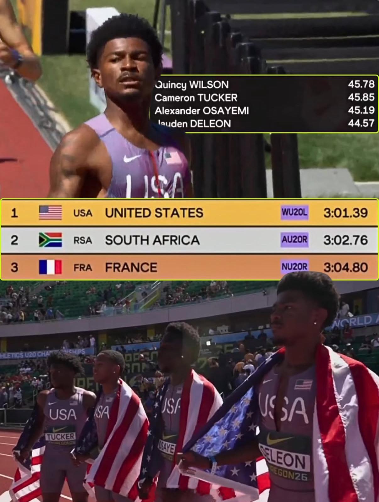 2026世界U20田径世青赛 接力赛场，🇺🇸美国队包揽男女4×400米接力冠