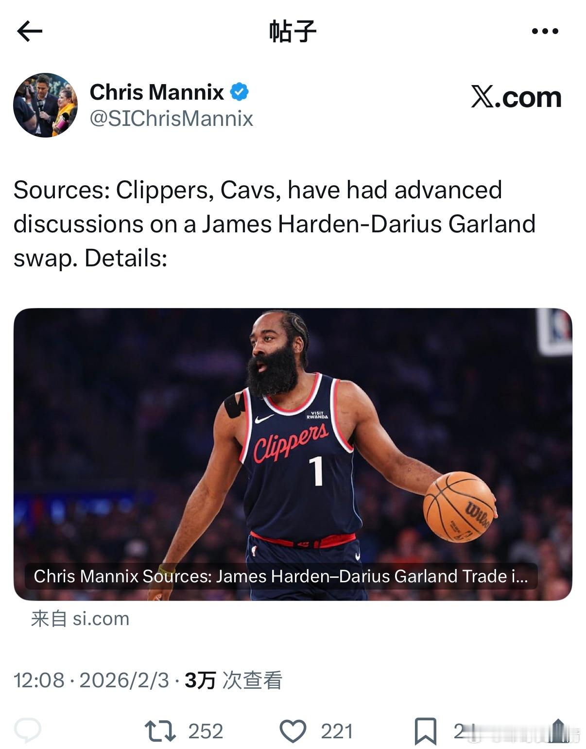 CHRIS Mannix：快船在和骑士深度讨论哈登换加兰。考虑到这个流言的记者推