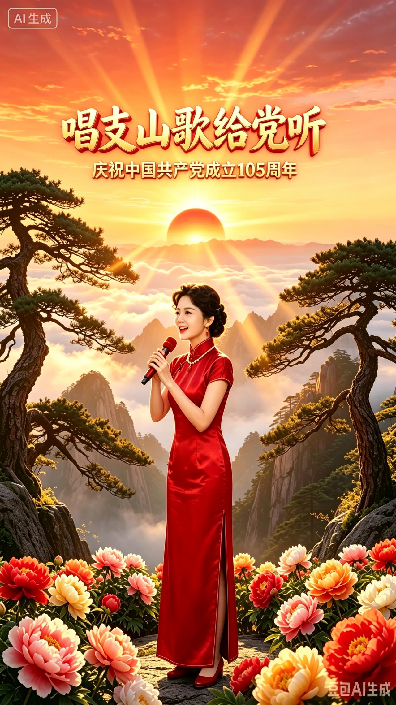 晓日流金映万峰，苍松迎驾立云浓。
红妆玉立吟新调，彩蕊花繁贺岁丰。
一曲山歌酬党