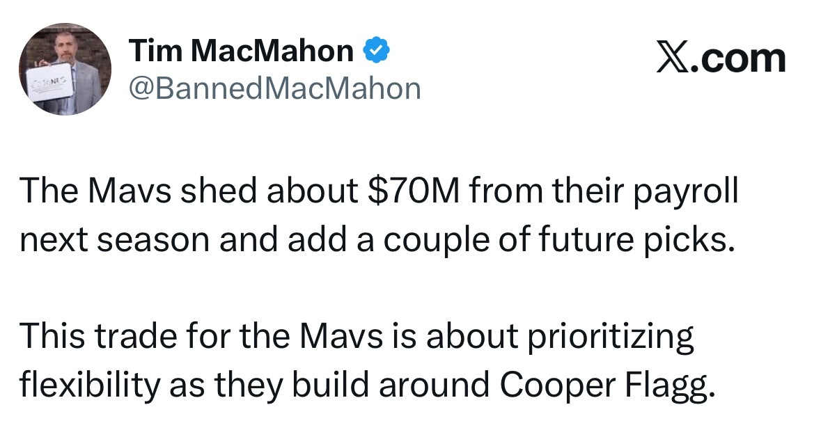 独行侠下赛季薪资总额将减少约7000万美元，还收获了数个未来选秀权。对于独行侠而