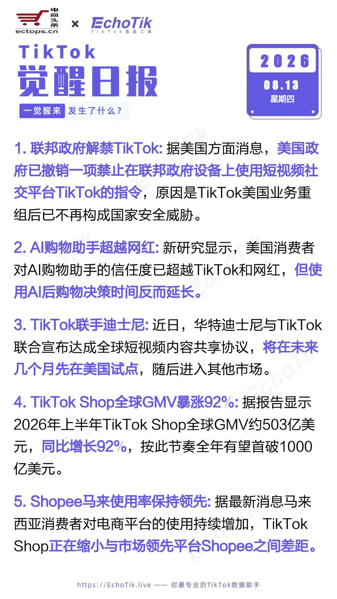 TikTok跨境电商日报 2026-08-131.联邦政府解禁TikTok2.A