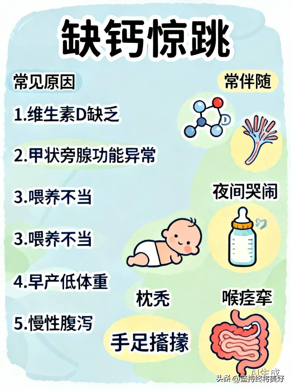 什么是缺钙惊跳？婴幼儿睡觉时突然四肢抽动、惊跳反射增强，可能和缺钙有关。

常见