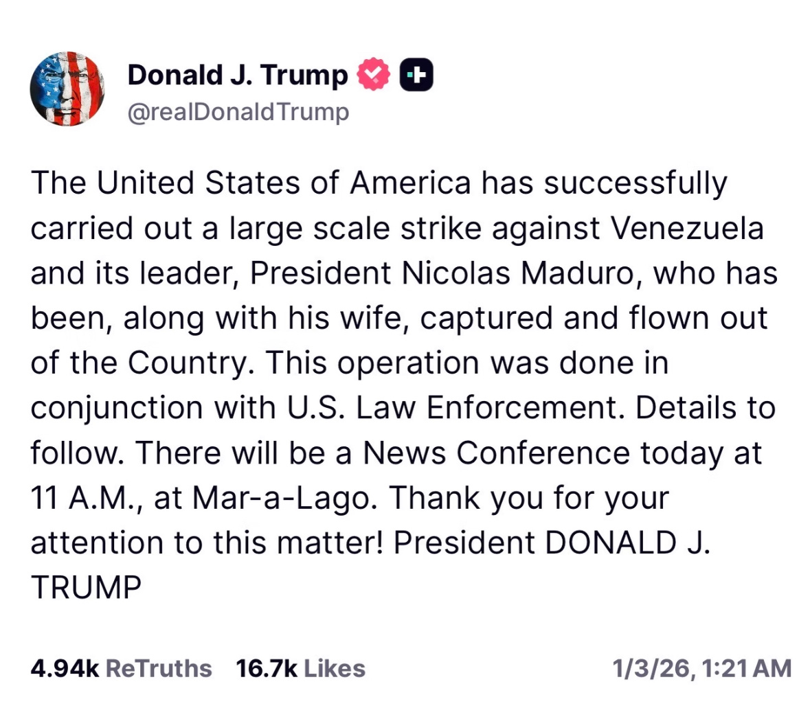 央视新闻报道称，当地时间1月3日凌晨，美国对委内瑞拉境内发动空袭，美国总统特朗普