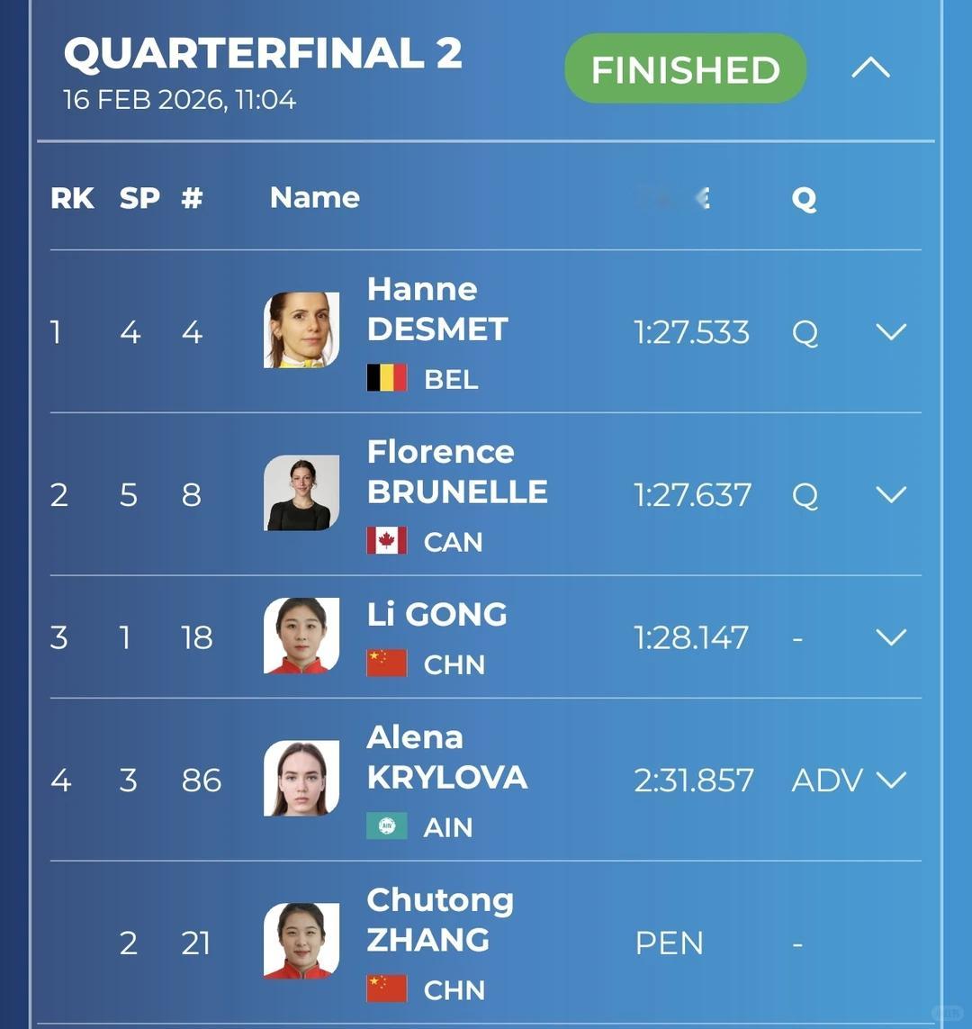 公俐1000米小组第三冬奥短道速滑米兰冬奥会短道速滑女子1000米1/4决赛，公