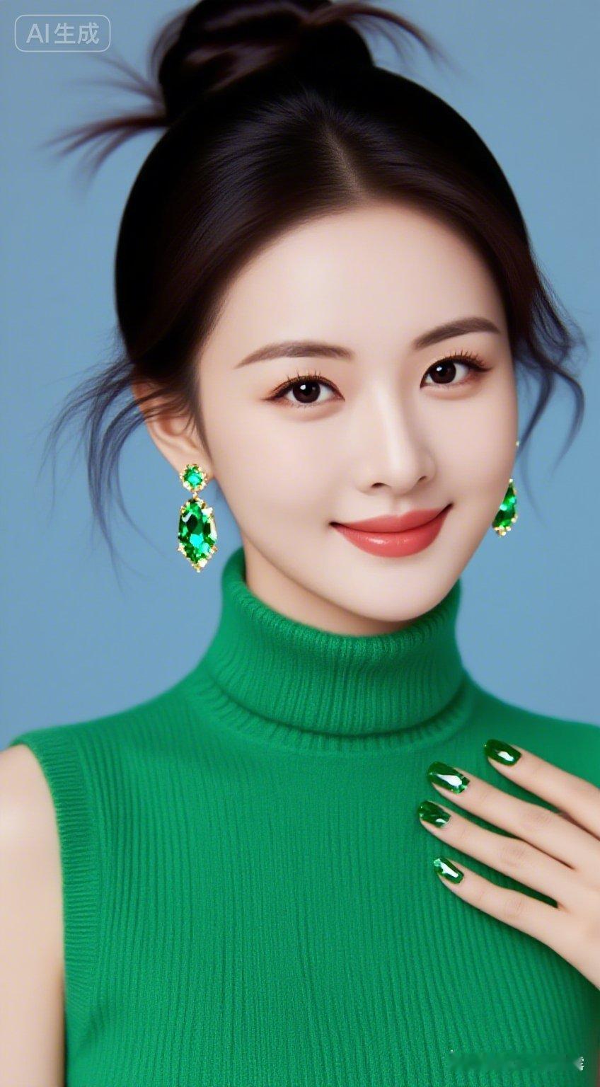 冷白皮女子高盘发微乱，身着高定绿色克什米尔羊绒无袖衫，缎面山茶花缀南洋珍珠。绿钻