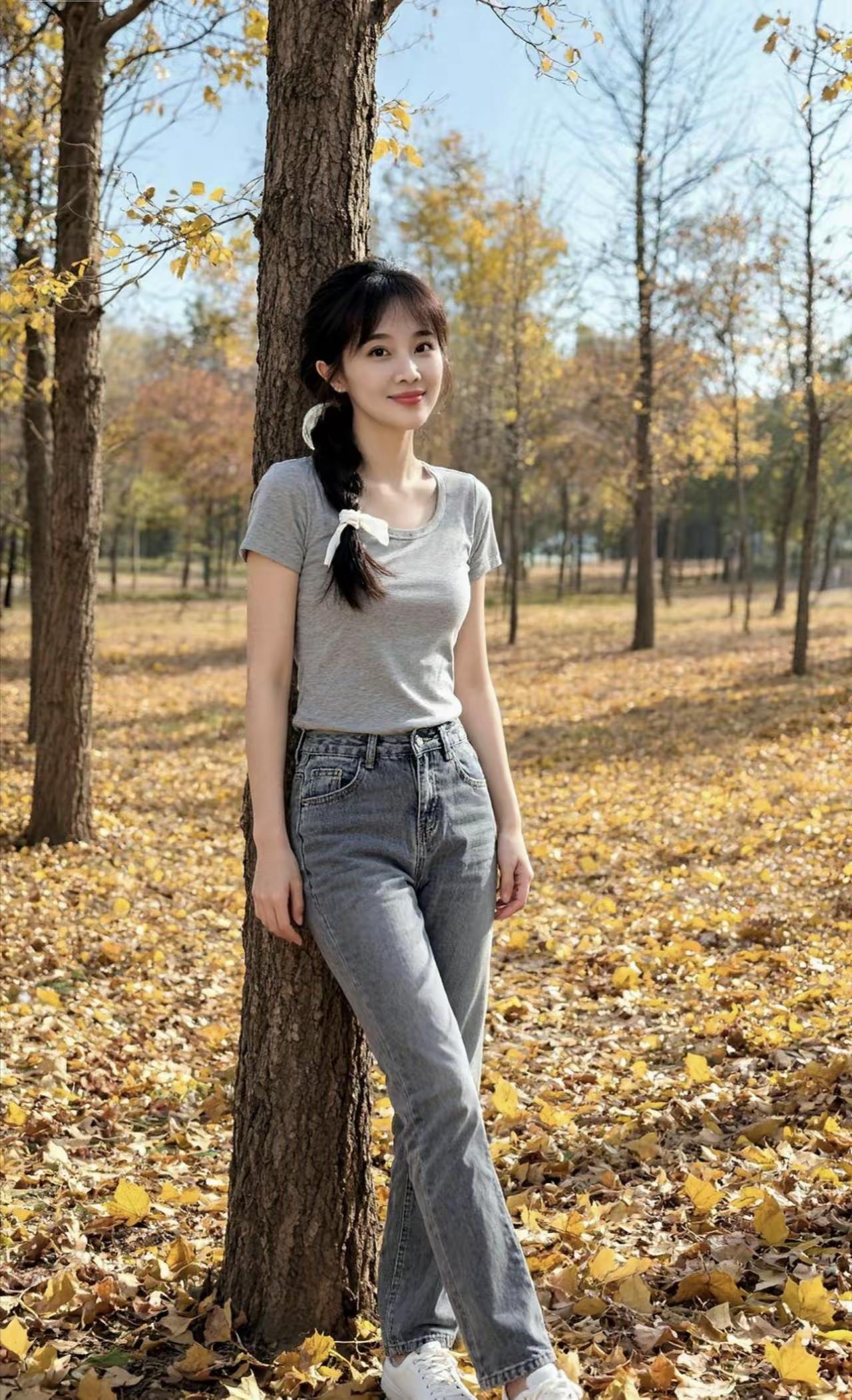 秋日暖阳下，少女倚树微笑，落叶纷飞，静谧美好。