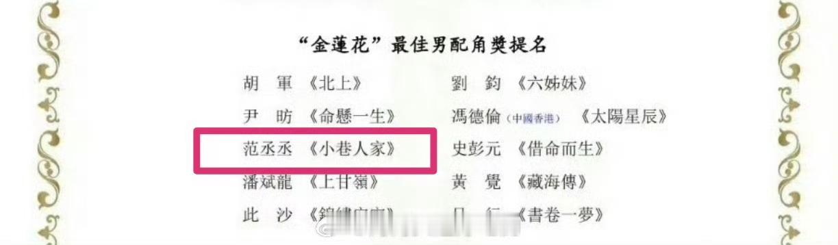 小巷人家第二部小巷人家2有没有范丞丞首先，范丞丞凭庄图南荣获金莲花最佳男配角提名