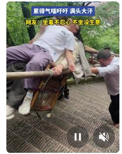确实是一个挺矛盾的话题，三个轿夫抬着上山的游客，看着真的是心疼，满头大汗，真的是