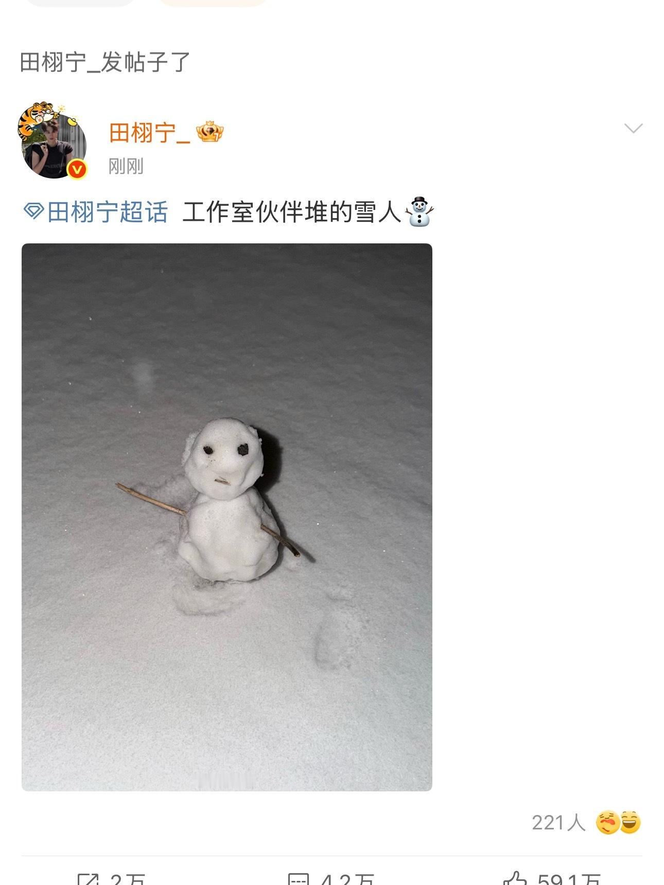 初雪在超话跟粉丝分享⛄️～可爱捏 田栩宁晒工作室伙伴堆的雪人