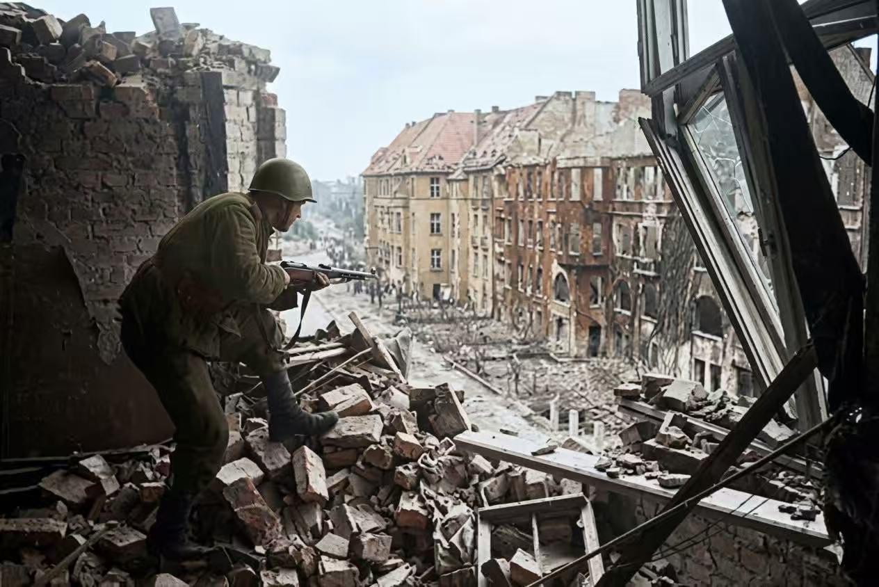 1945年4月30日，柏林莫阿比特区，苏军士兵在一座被毁建筑的窗口处，端起PPS