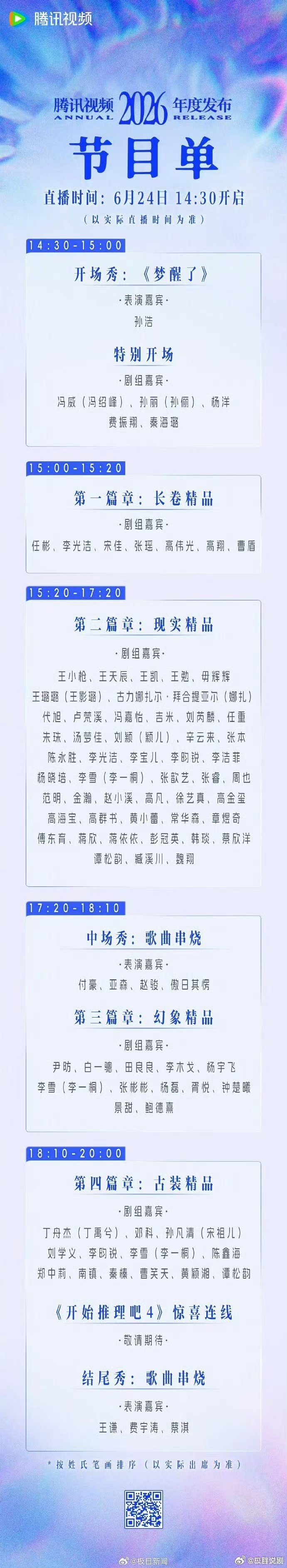 腾讯出席活动阵容和节目单孙浩、孙丽（孙俪）、冯威（冯绍峰）等主席 
