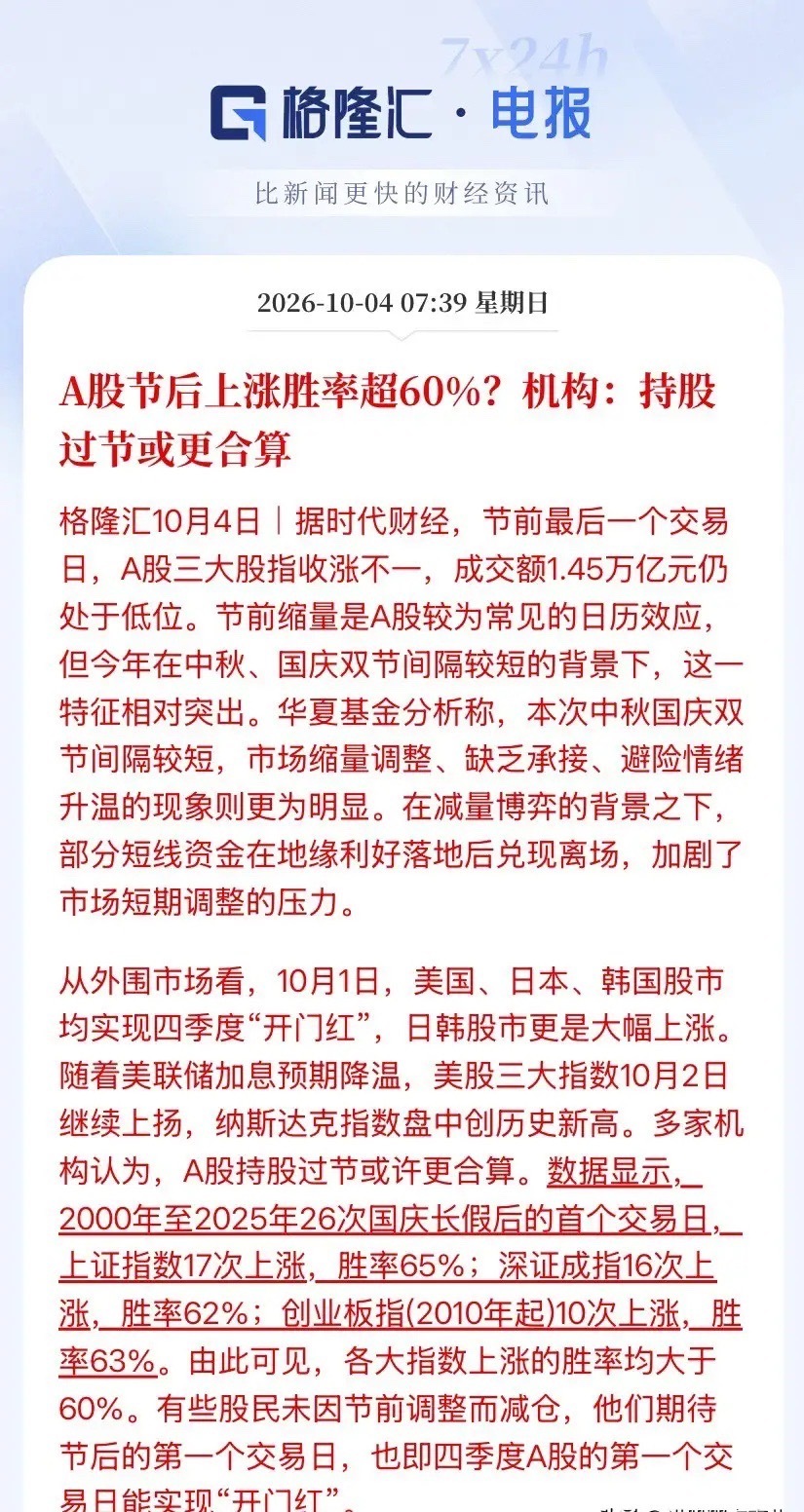 A股节后上涨胜率超60%？机构：持股过节更合算！今年赔率格外厚——央行四箭齐发+