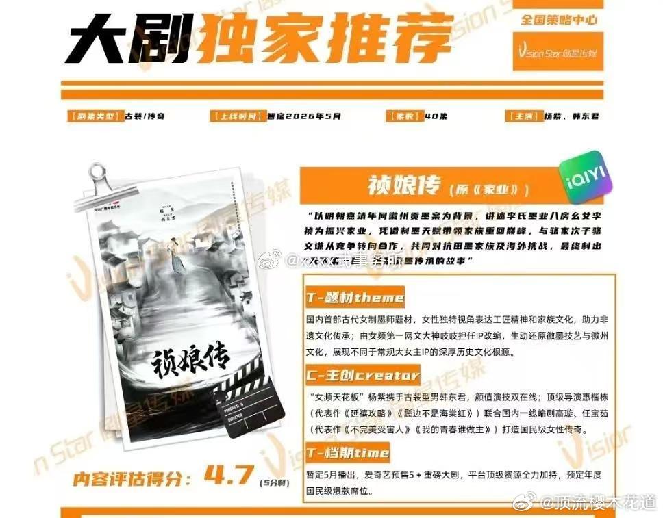 祯娘传招商简介杨紫女频天花板，韩东君古装型男。平台顶级资源全力加持？那我倒要看看