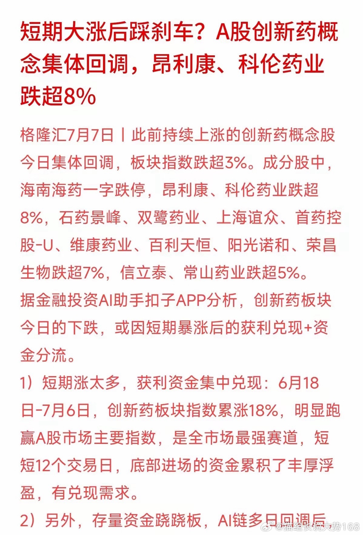 之前一路大涨的创新药今天全线走弱，板块直接大跌超3个点，不少个股亏麻了。海南海药