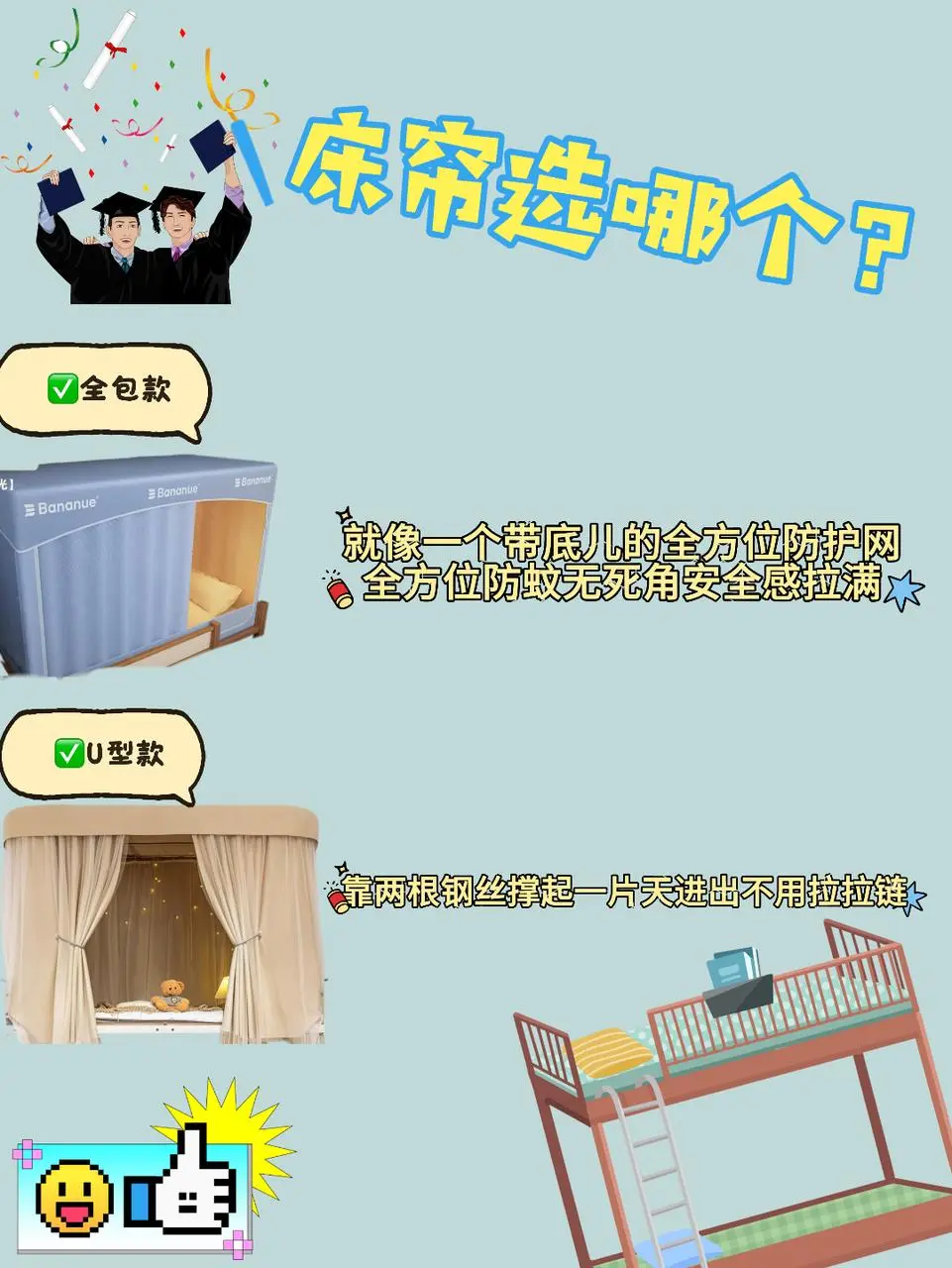 最近选床帘选的头晕眼花，宿舍蚊帐看着差不多 实际有全包、U型两种款式...