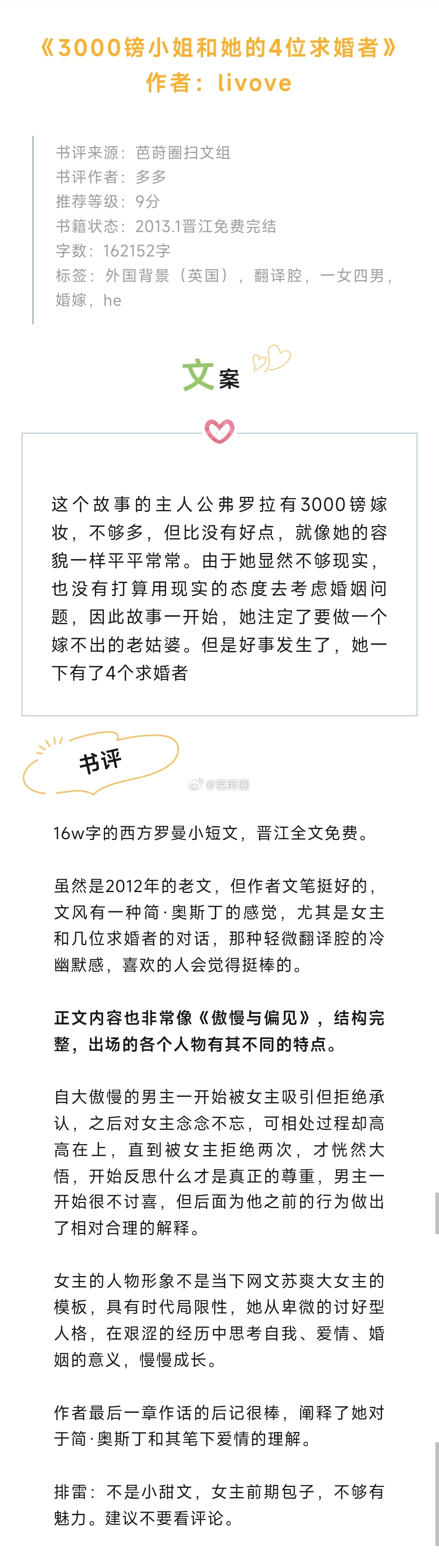 #芭莳圈推文[超话]##火爆全网的好看小说# 【强推】《3000镑小姐和她的4位