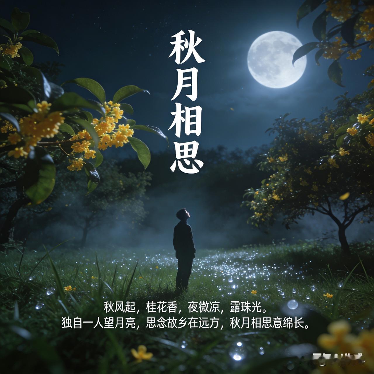 《秋月相思》乐韵诗心原创诗词:
秋风起，桂花香，夜微凉，露珠光。
独自一望月亮，