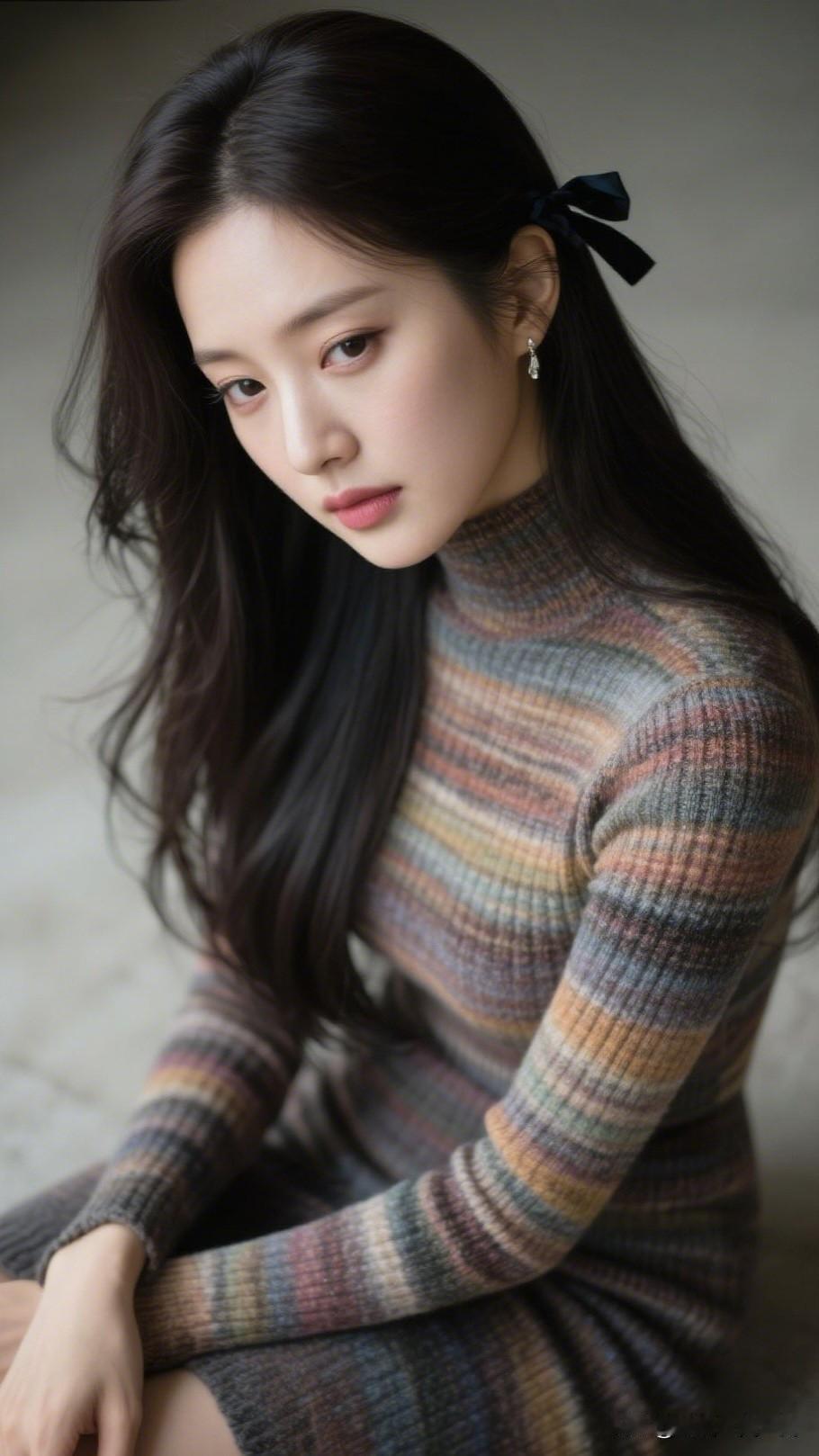 温柔黑发少女，条纹毛衣甜美动人。清雅脱俗的美到底长啥样？