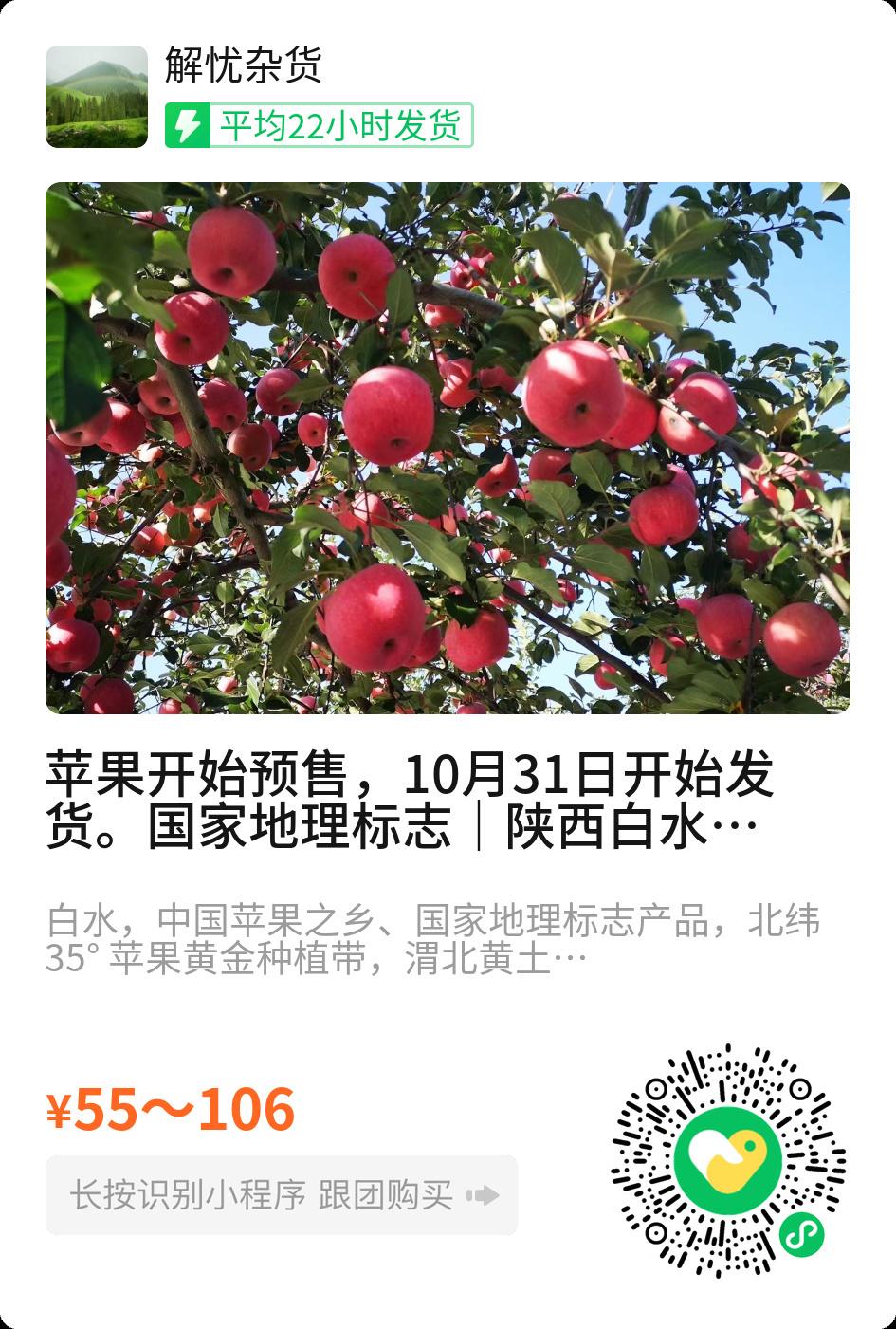 今天给大家推荐帮卖了好几年的陕西白水苹果，北纬 35° 黄金优生区，黄土高原深厚
