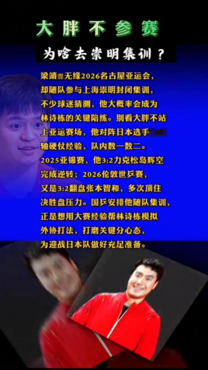 大胖不参赛为啥去崇明集训？
梁靖昆无缘2026名古屋亚运会，却随队参与上海崇明封