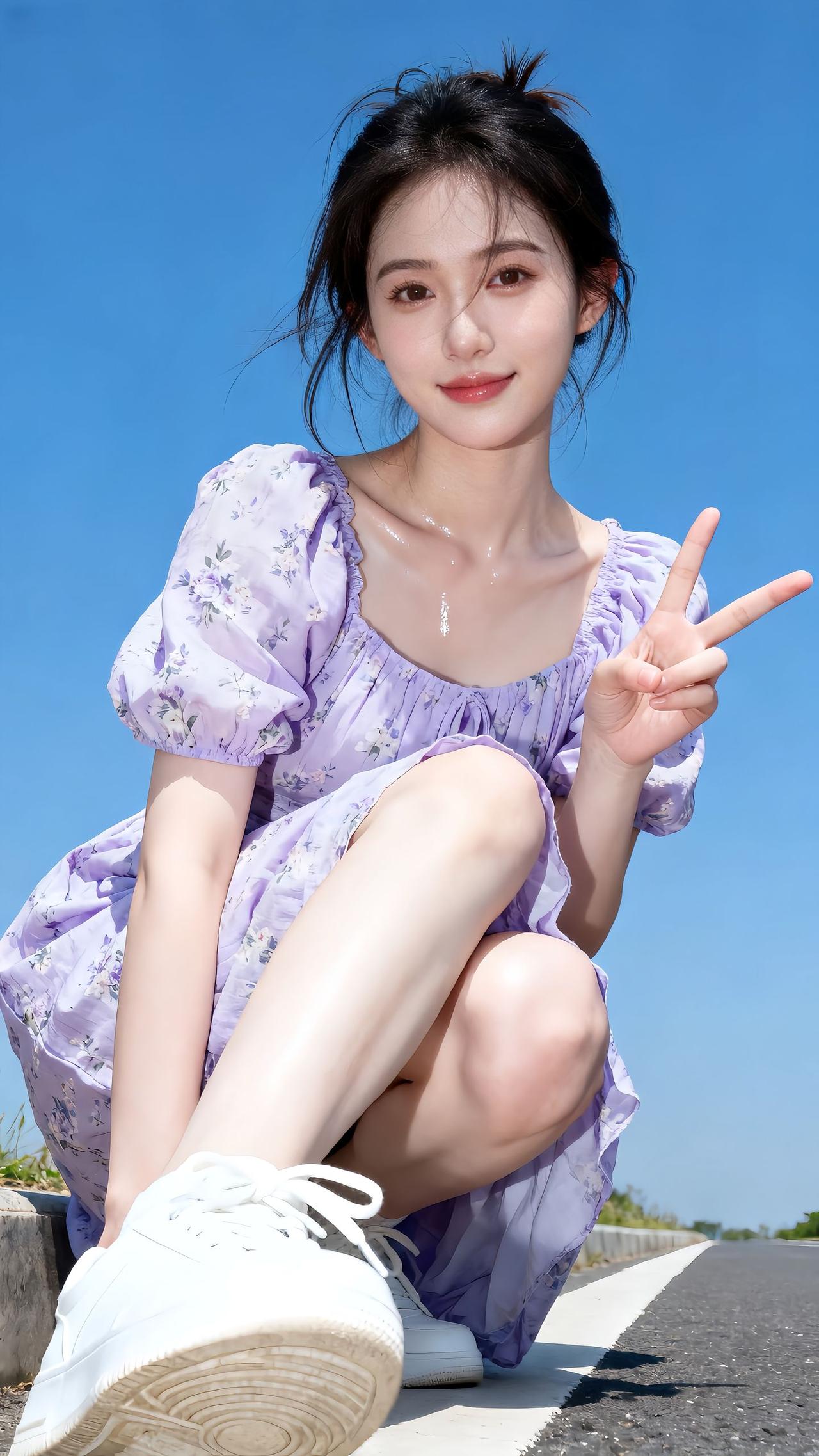 夏日清新穿搭，紫色碎花裙搭配白色运动鞋，元气满满！🌞👗👟你最近珍藏的最美图