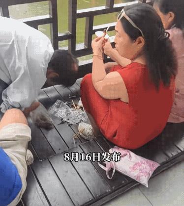 景区里几名游客悠闲坐着吃喝闲谈，果皮包装袋随手丢在脚边。保洁阿姨蹲在跟前一点点清