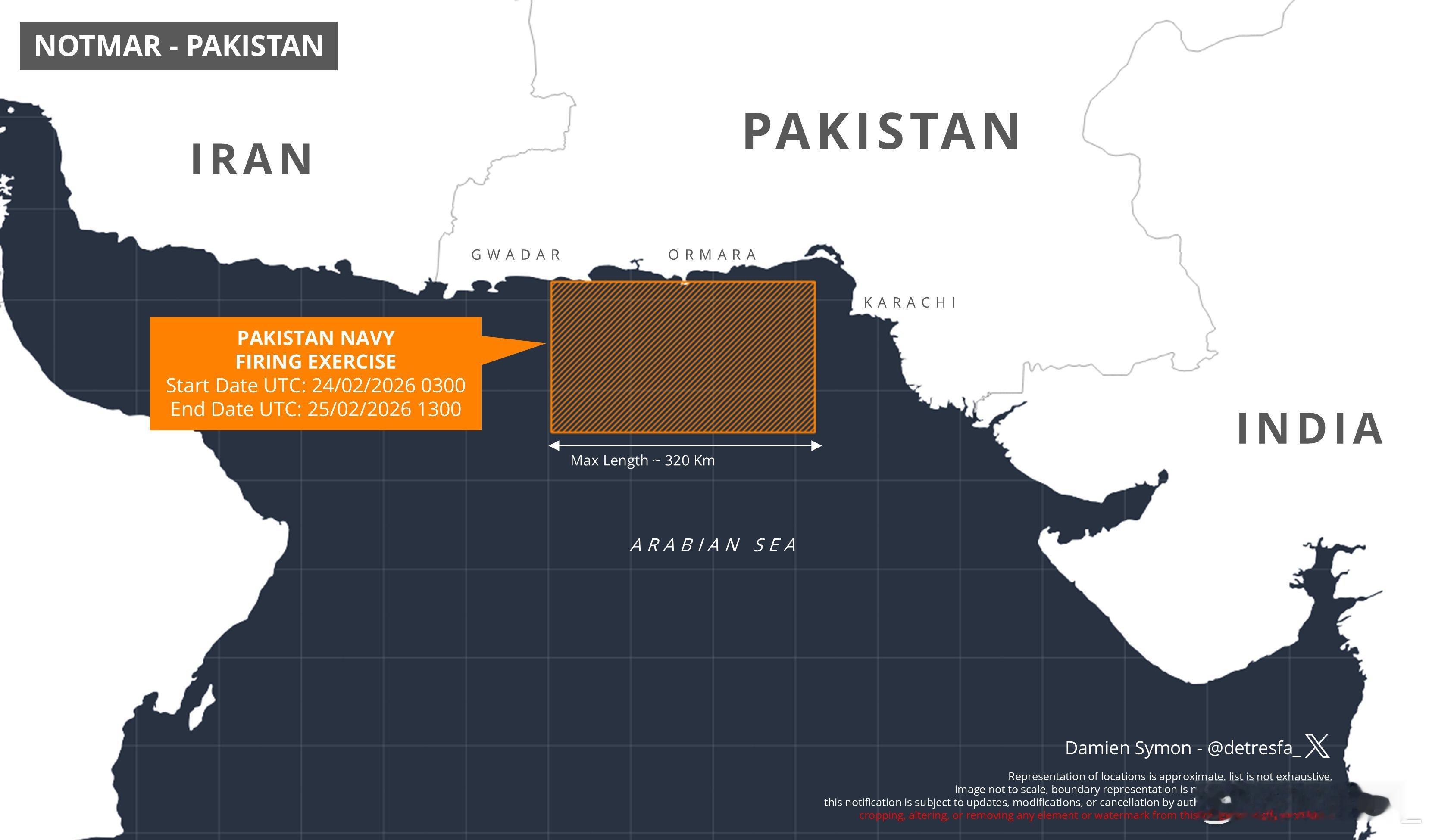 巴基斯坦宣布将于明、后两天在阿拉伯海的大片限定海域举行海军演习，包括射击项目。巴