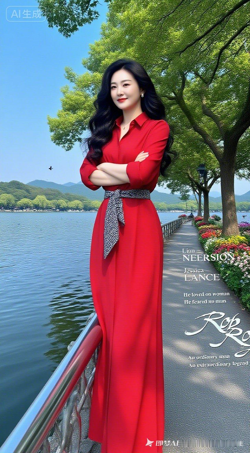 穿红裙子的女人站在湖边，影子被拉得老长老长，像一幅会动的画。红裙似火，湖水如镜，