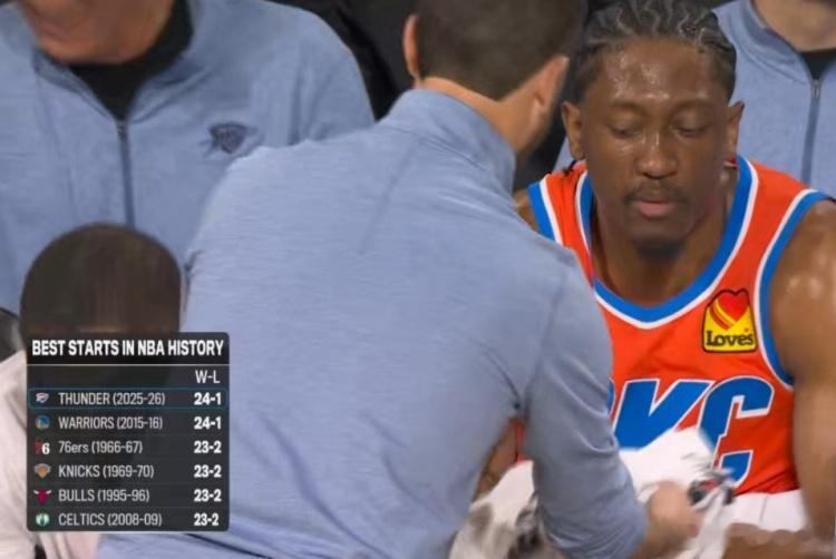 赛季前25场战绩：25-26赛季雷霆 24-115-16赛季勇士 24-166-