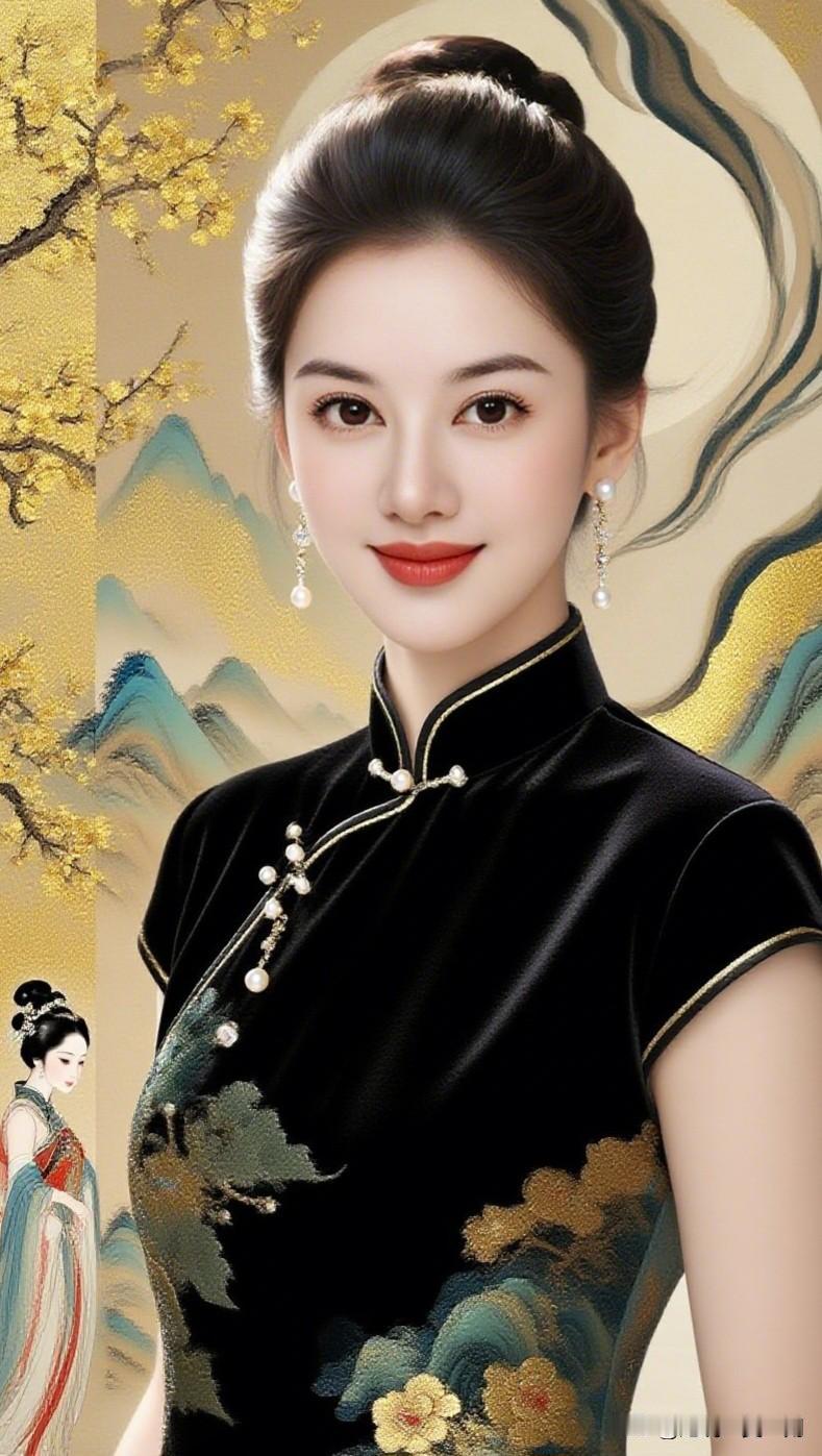 红妆美人倚，古韵画中游。晒美美哒照片 东方美人，古典优雅，黑金旗袍，韵味十足。