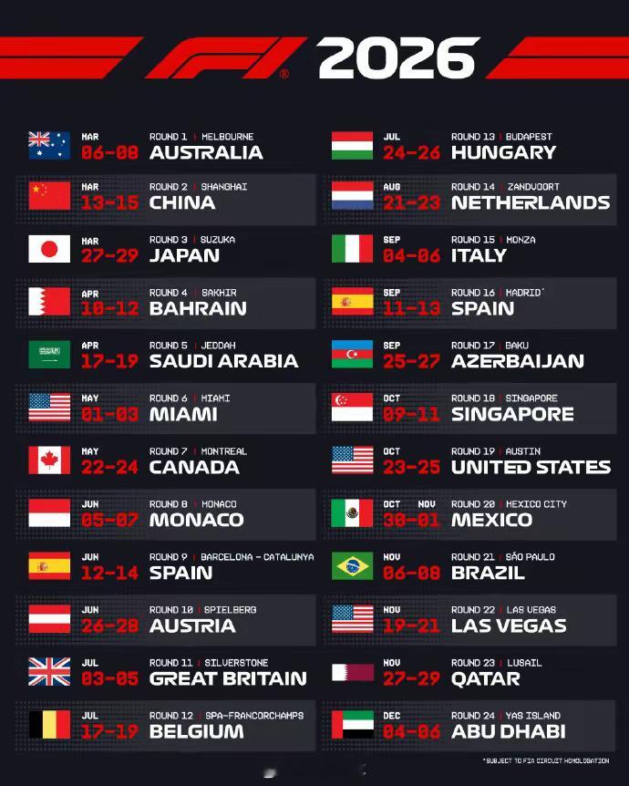 F1官宣2026赛季赛历F1中国大奖赛3月13日上海开跑F1中国大奖赛将于明年3