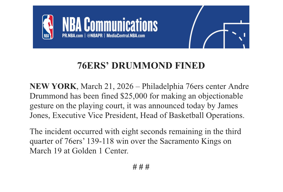 NBA官方：德拉蒙德对阵国王时做出不当手势，罚款25000美元