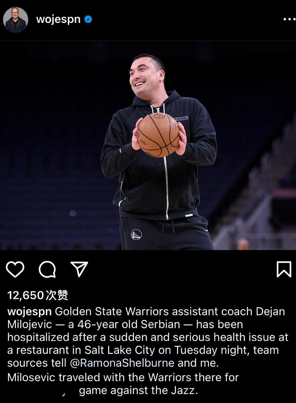 今日据名记Woj报道，球队消息源透露，勇士助理教练Dejan Milojevic