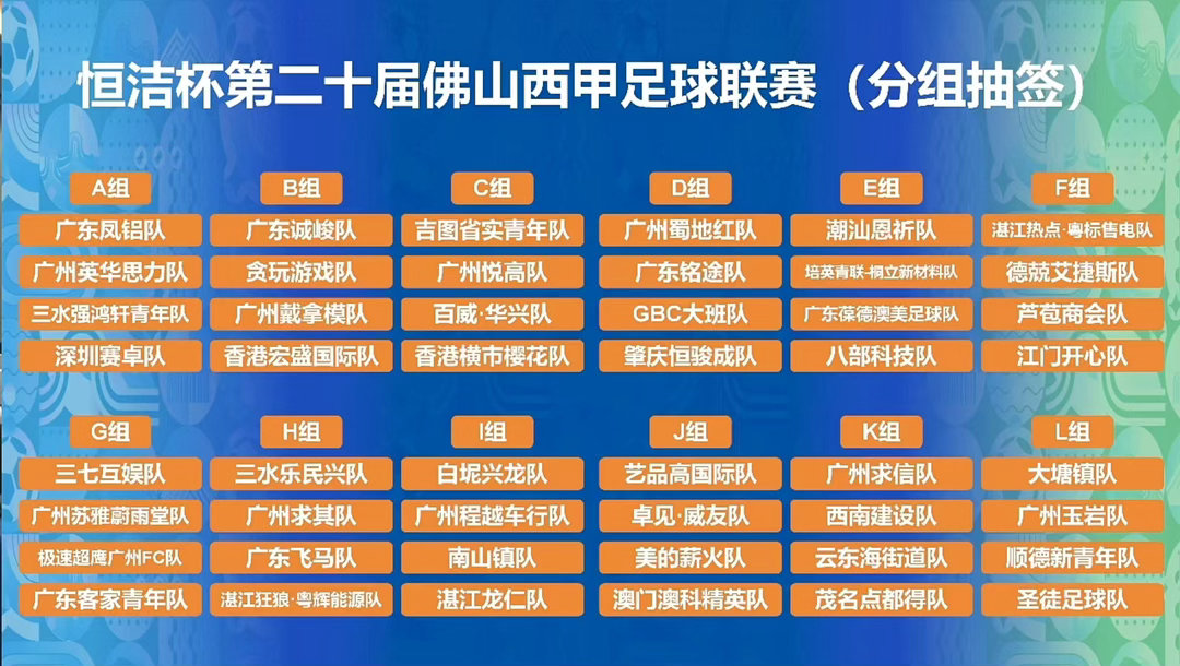 今年佛山三水西甲分组48队104场7月10日—8月23日 