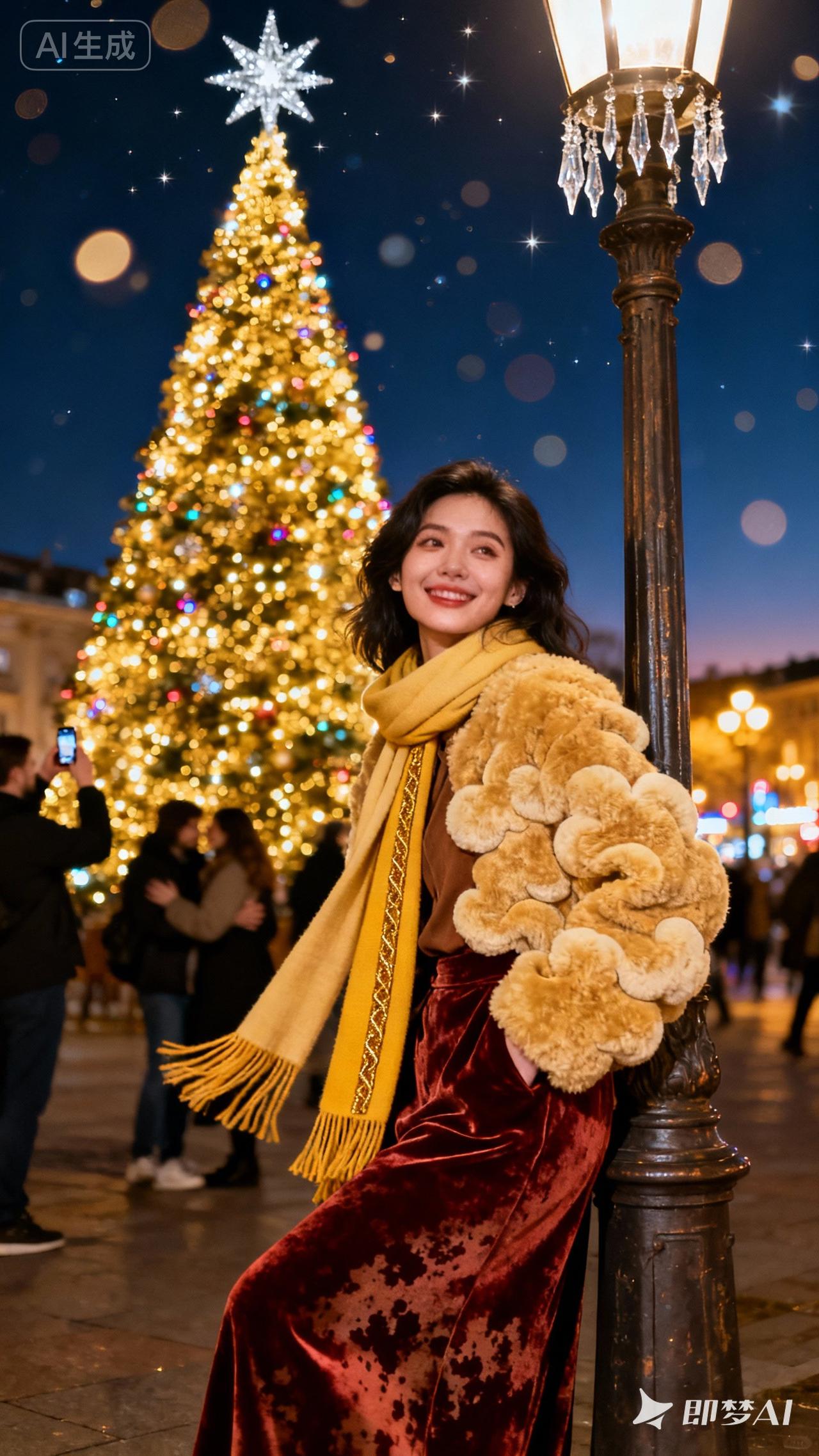 冬日暖阳下，圣诞树旁，微笑的少女与毛绒熊，温馨浪漫。